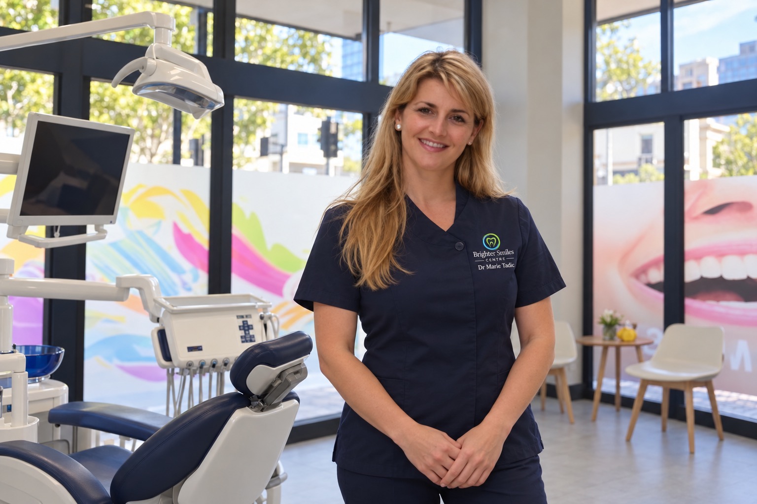 Dr Marie Tadic in her navy clinical uniform with the dental chair and screen