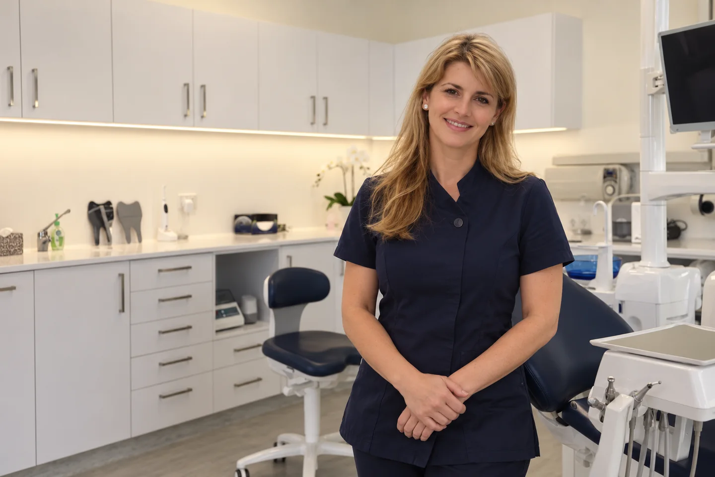 Dr Marie Tadic in navy scrubs beside a dental chair